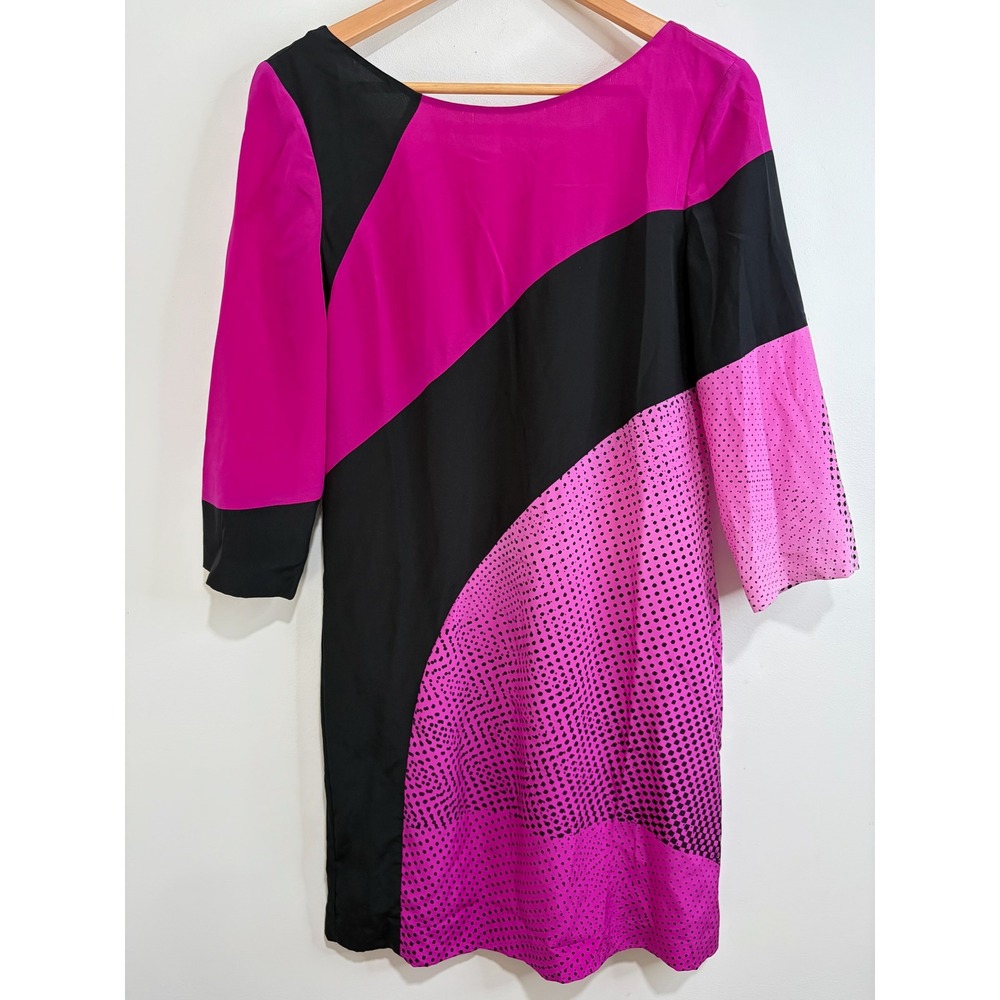 Diane von Furstenberg Magenta Pink Silk Colorblock Shift Dress V-Back Sz M Retro